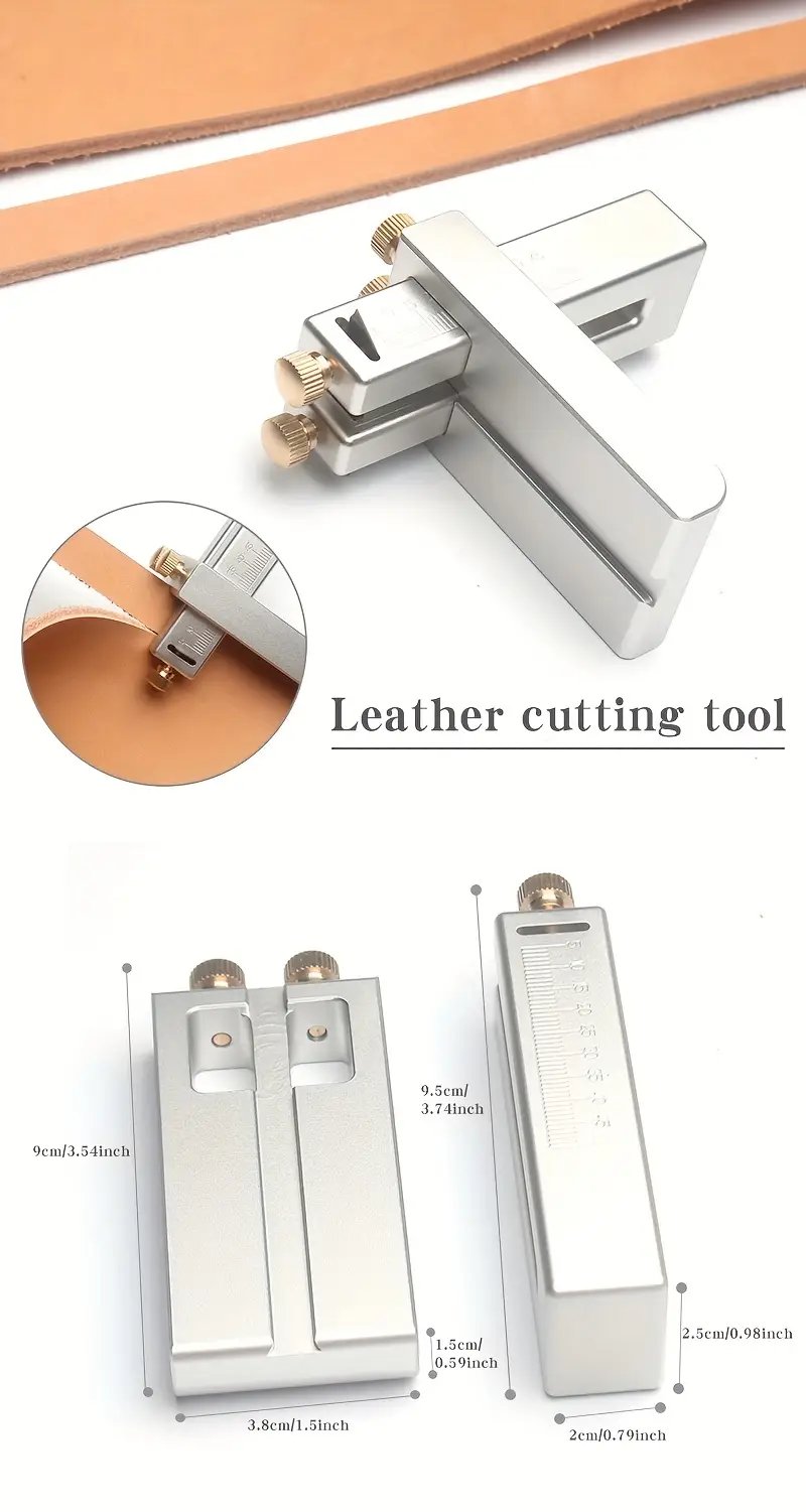 Aluminum leather strap cutter base with blade and size diagram