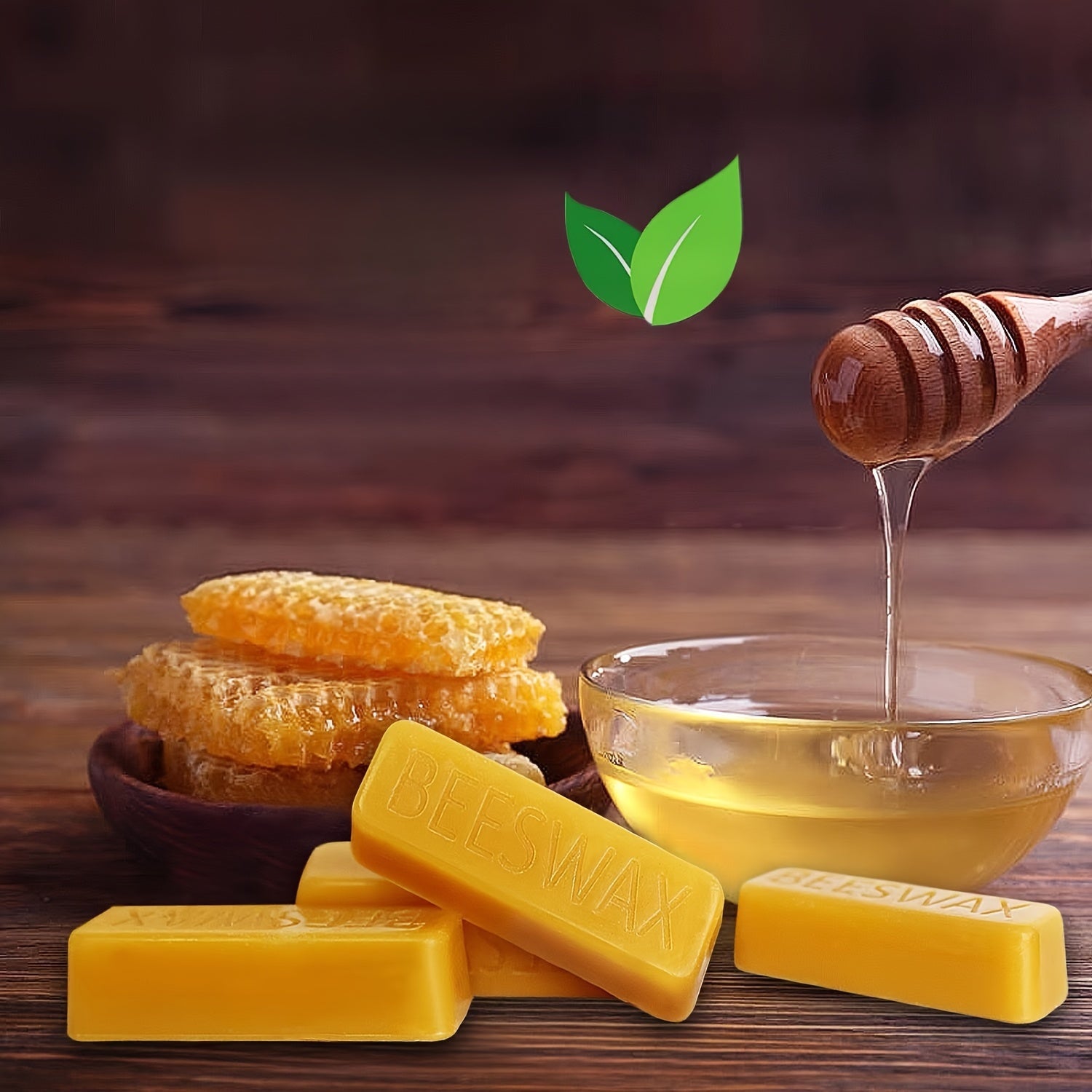 Yellow beeswax blocks with honey in glass bowl and one piece on top