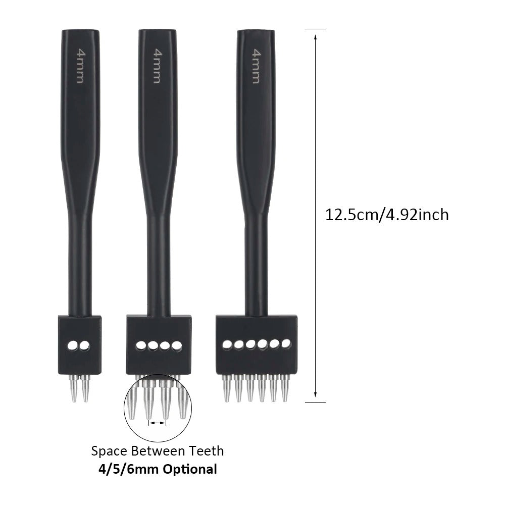 Three black leather hole punch tools with pin plates and rows of prongs