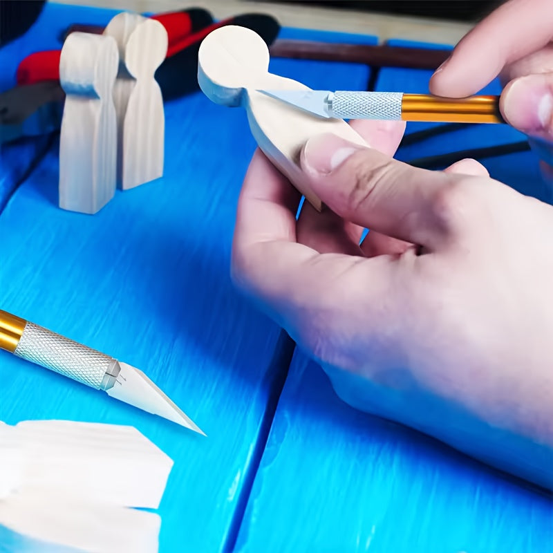 Hand holding a precision craft knife trimming leather crafting blanks