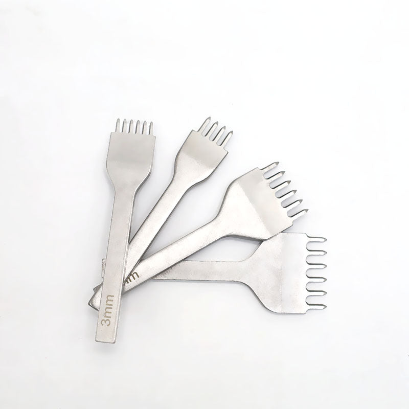 Leather stitching chisel set of five tools with curved prong comb heads
