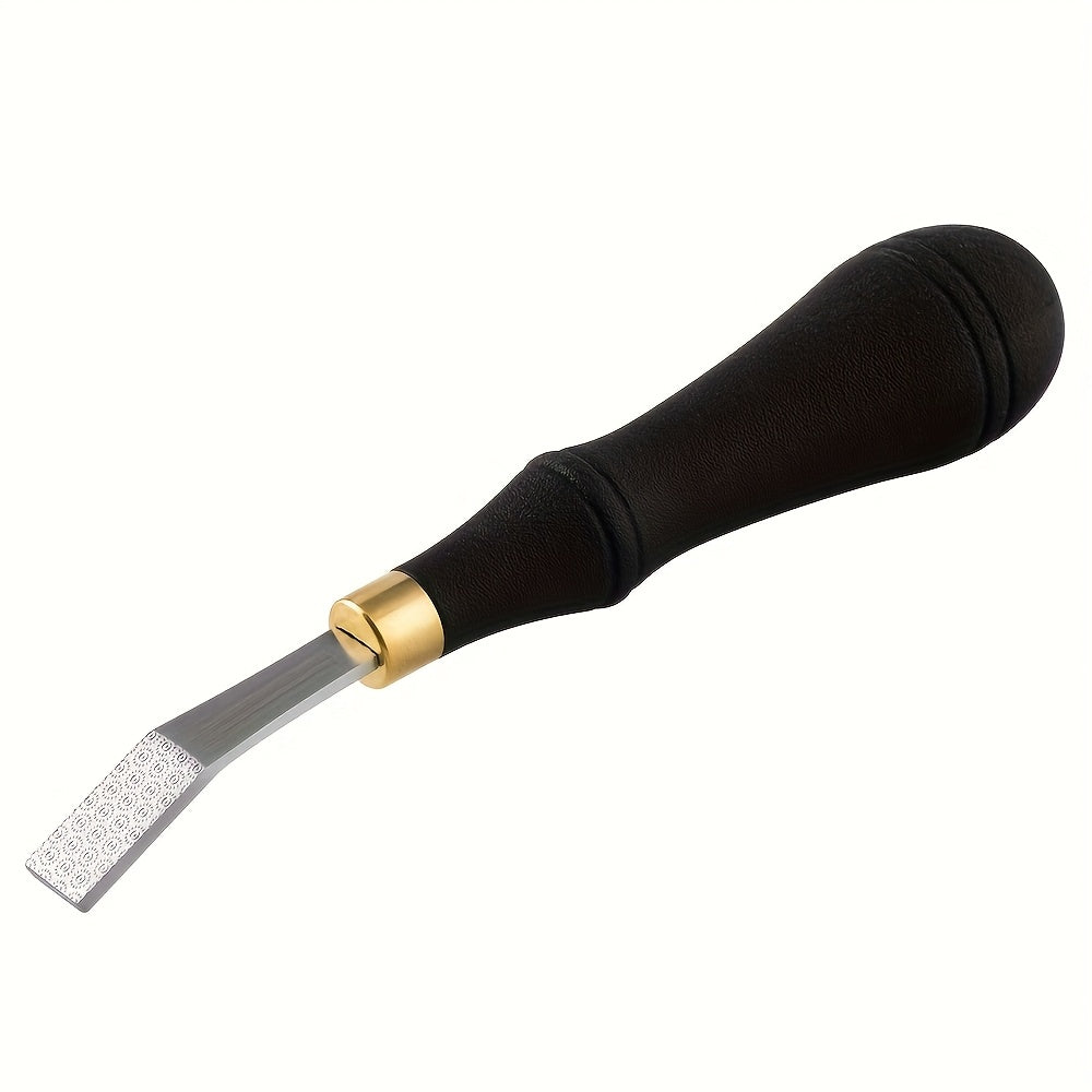 Leather roughing file with dark handle, gold ferrule, textured gray abrasive strip