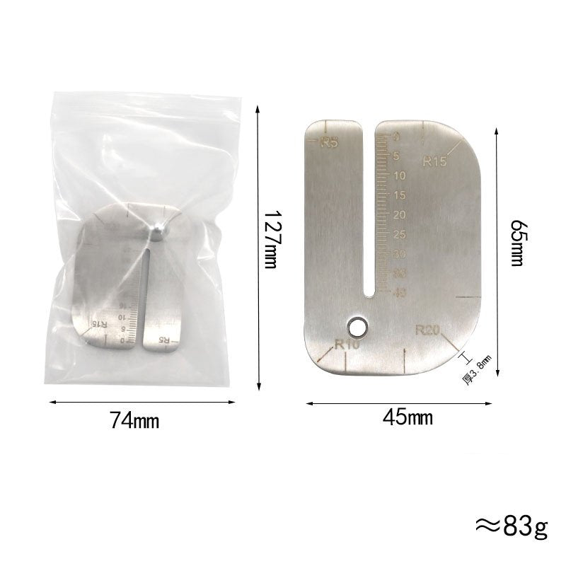 Leather stitching punch guide included in a plastic bag with measured size callouts
