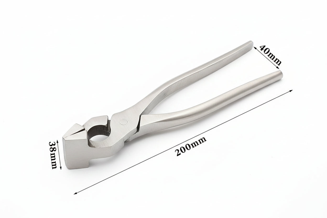 Chrome steel leather pliers, 200mm length with 40mm head and 8mm opening
