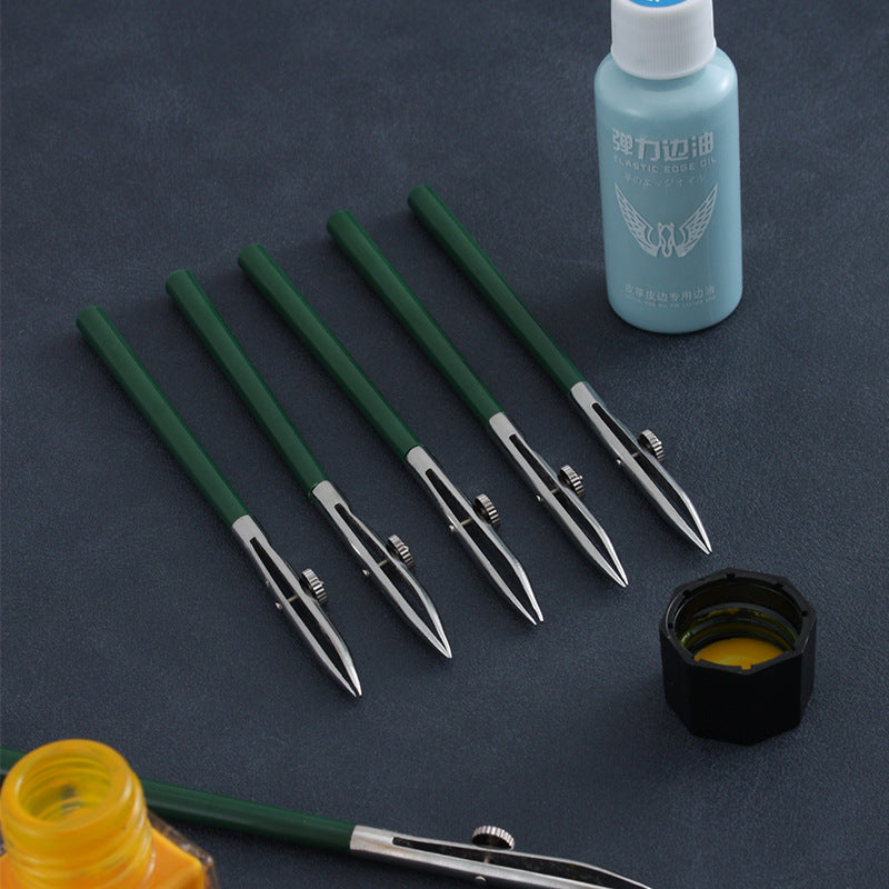 Set of green-handled leather edge dye applicators with yellow cap and bottle