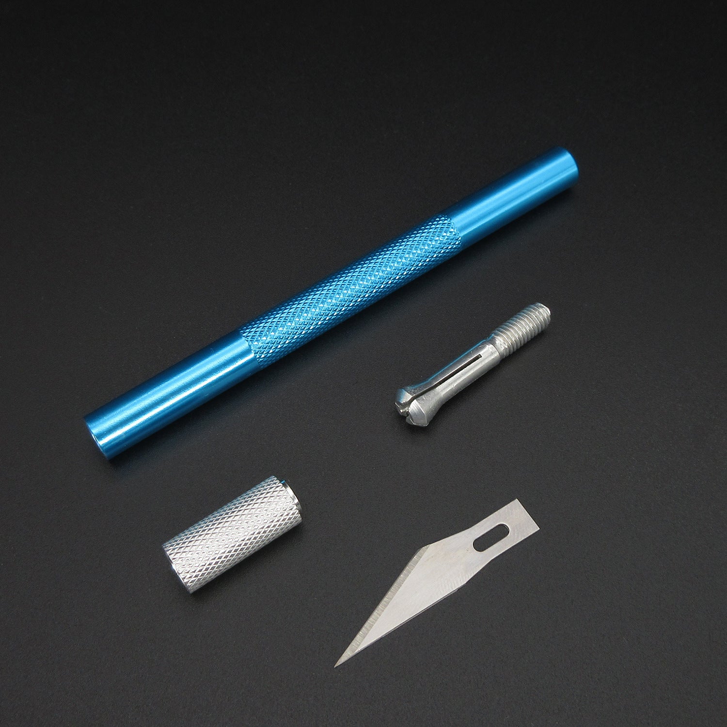Blue aluminum precision craft knife with No.11 blade and spare blade piece