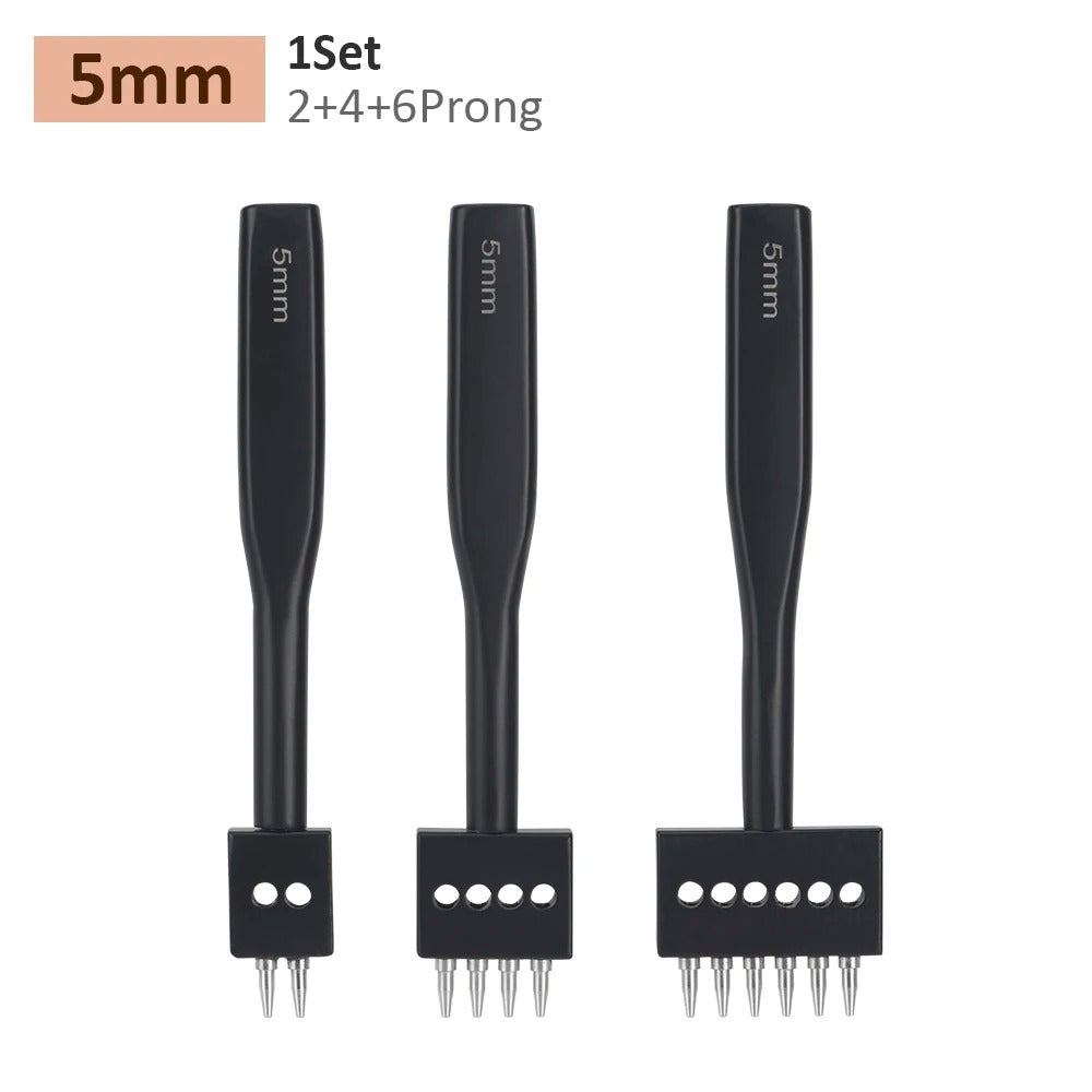 Black leather hole punch tool set with 5mm prong heads, 3 pcs