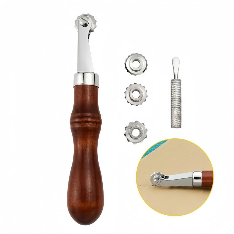 Leather stitch pricking wheel set with wooden handle, metal rollers, and edging tool