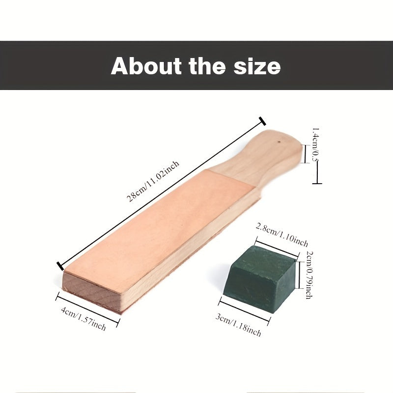 Wood-handled leather strop with tan abrasive pad and green compound block