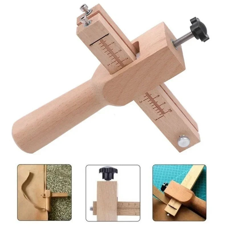 Wooden leather strap cutter with black clamp knob and extended ruler markings