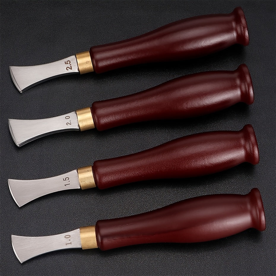 Set of leather edge creaser tools with wood handles and labeled metal blades 1.0–2.5