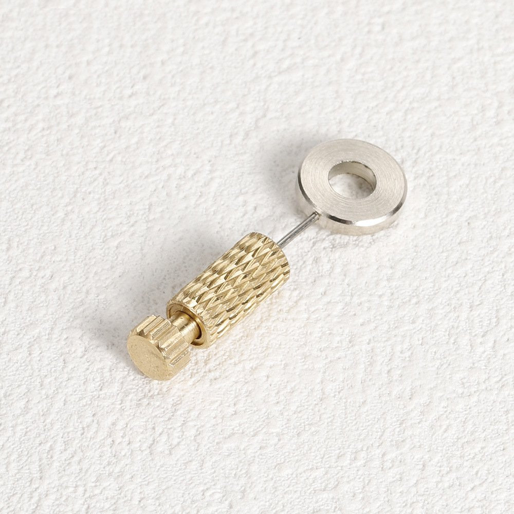 Leather sewing positioning needle with brass mesh handle and metal washer ring, angled