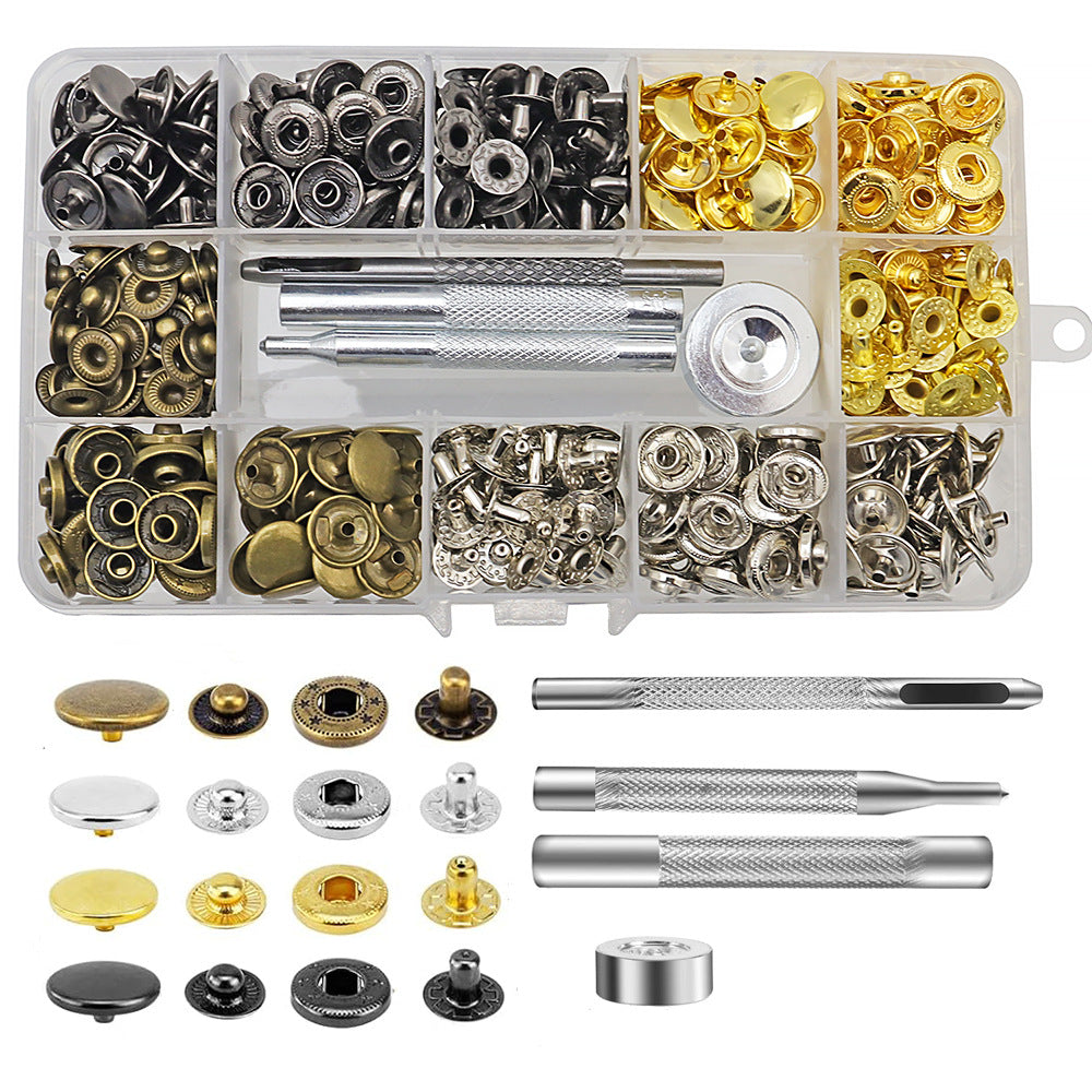 120-Piece Metal Snap Fastener Kit with Installation Tools – 12.5mm "633 Type" Four-Button Press Stud Set for Leathercraft