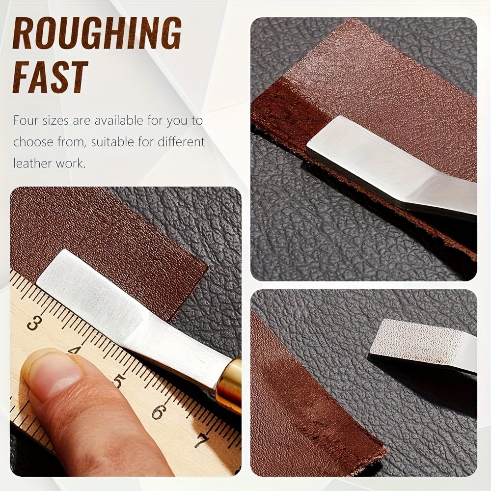 Leather roughing file with black handle, gold ferrule, on leather with measuring ruler