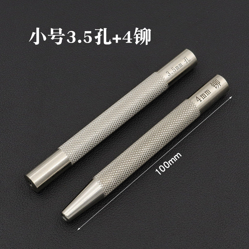 Rivet setting tool pair with textured silver barrels and marked sizing near the top