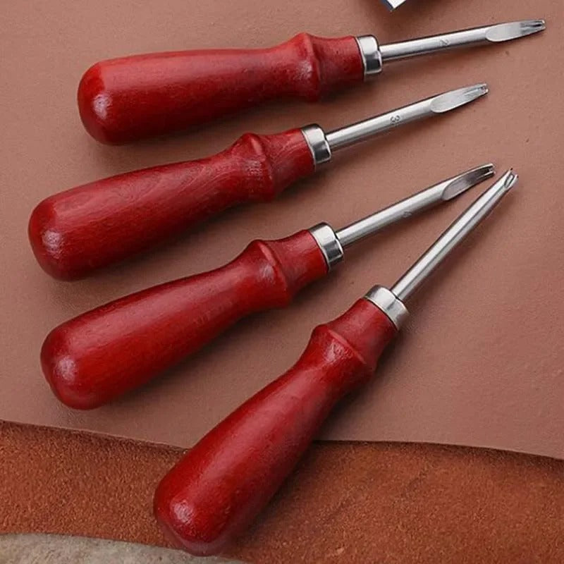 Leather edge beveler tool set with four dark red wooden handles and metal blades
