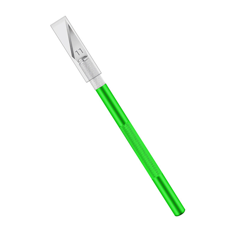 Green aluminum precision craft knife with No.11 blade and textured grip