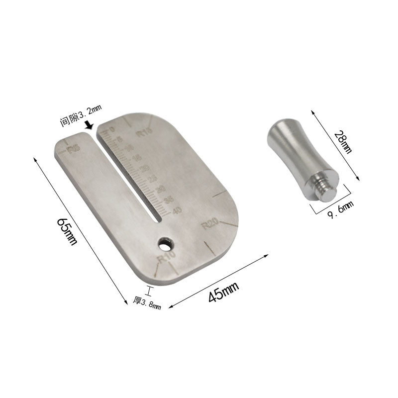 Metal leather stitching punch guide with printed dimensions and raised alignment post
