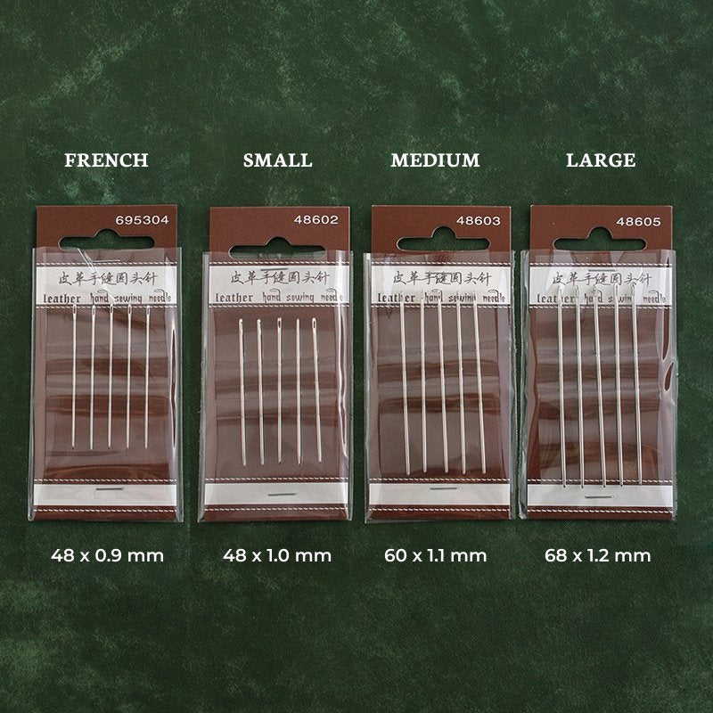 Leather hand sewing needle size set: French, Small, Medium, Large, blunt round-point tips