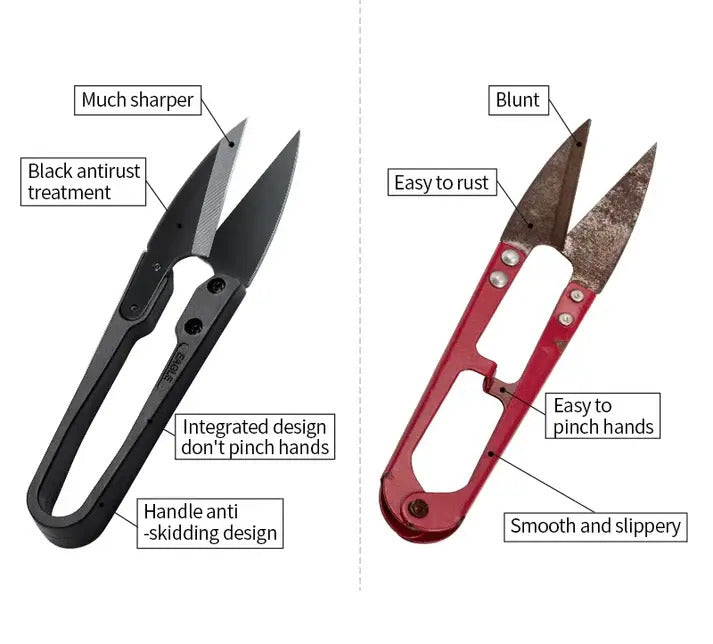 Thread cutter nippers, black and red versions, with loop handles and pointed blades