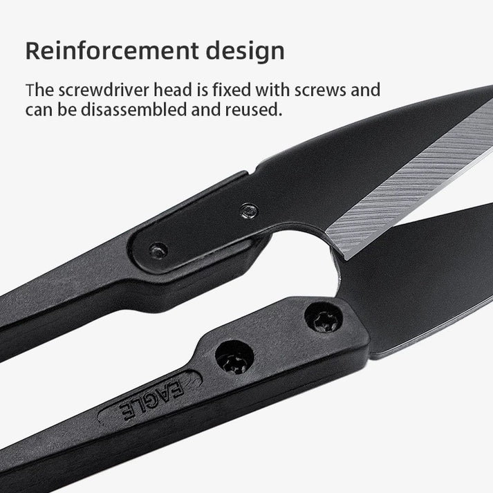 U-shaped thread cutter nippers with black handle and silver blade edges