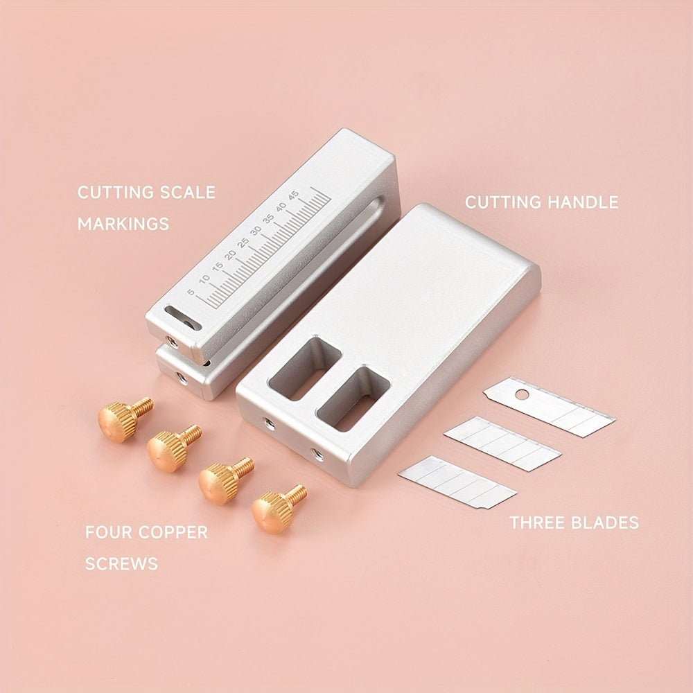 Aluminum strap cutter base with engraved cutting scale, handle, and blade screws