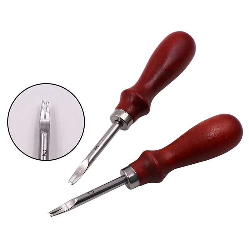 Leather edge beveler tool set with two dark wood handles and curved blades