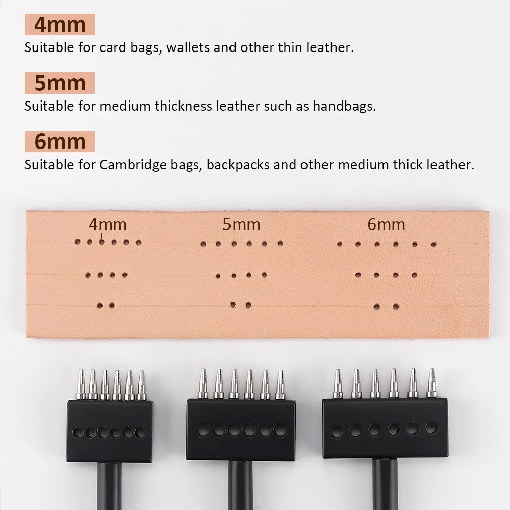 Leather hole punch tools with pin heads and perforation patterns for stitch holes