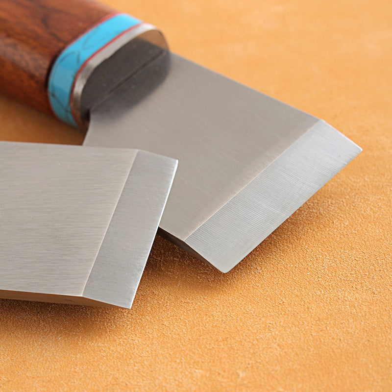 Leather cutting knife with HSS blade edge, wood handle and blue leather band